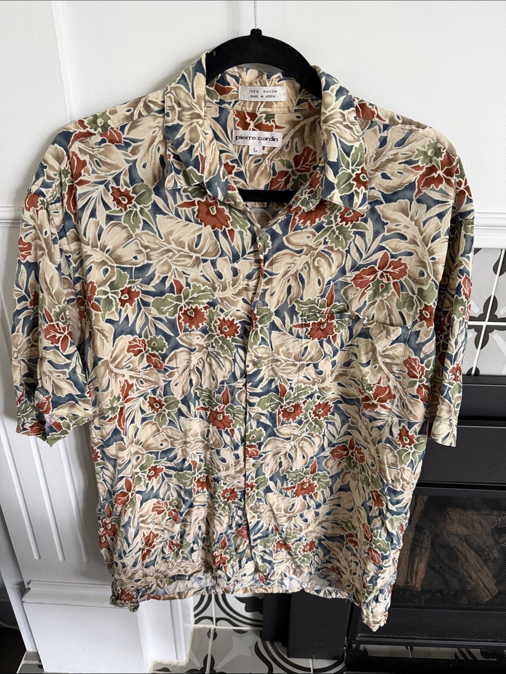 Pierre Cardin Beige Floral Short-Sleeve Button-Up with Rust & Olive Accents